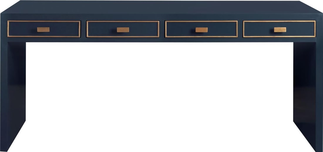 Port Eliot French Console Desk with Gold Leaf Accents: Port Eliot French Console Desk with Gold Leaf Accents This Vintage Style French Milan Lacquer Console Desk showcases a timeless design with elegant gold leaf accents. Crafted with solid brass handles,