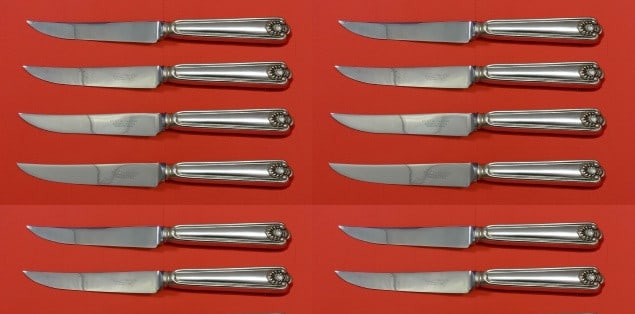 Frank Smith Fiddle Shell Sterling Silver Steak Knife Set 12 pcs 8.5": Frank Smith Fiddle Shell Sterling Silver Steak Knife Set 12 pcs 8.5" This exquisite custom set of 12 steak knives features the elegant Fiddle Shell pattern crafted by Frank Smith. Each knife measures