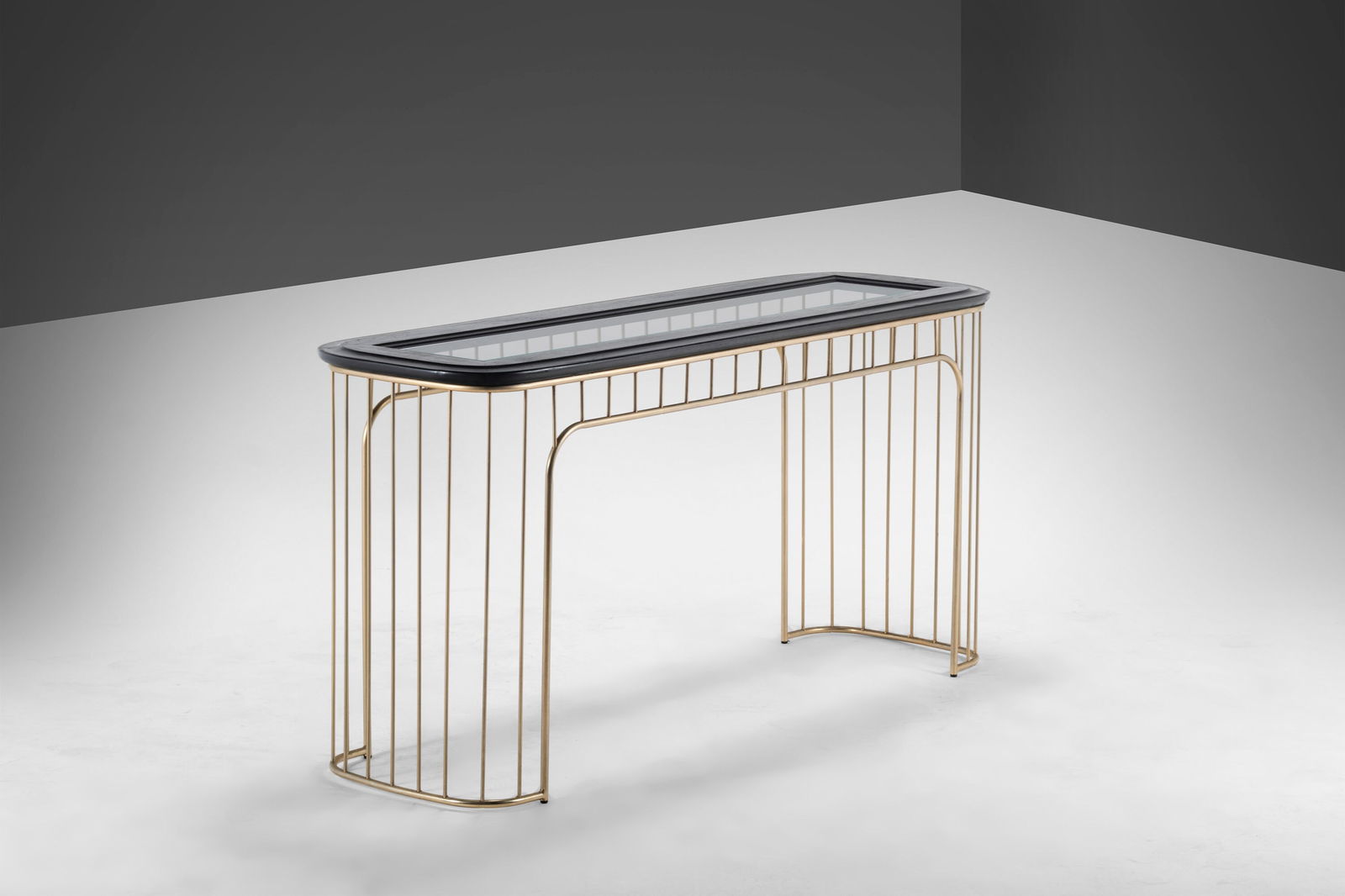 1970s Nickel and Ebonized Oak Regency Console Table 55": 1970s Nickel and Ebonized Oak Regency Console Table 55" Introducing a stunning Nickel and Ebonized Oak Regency Console / Sofa Table from the 1970s. This versatile piece features an original nickel fra