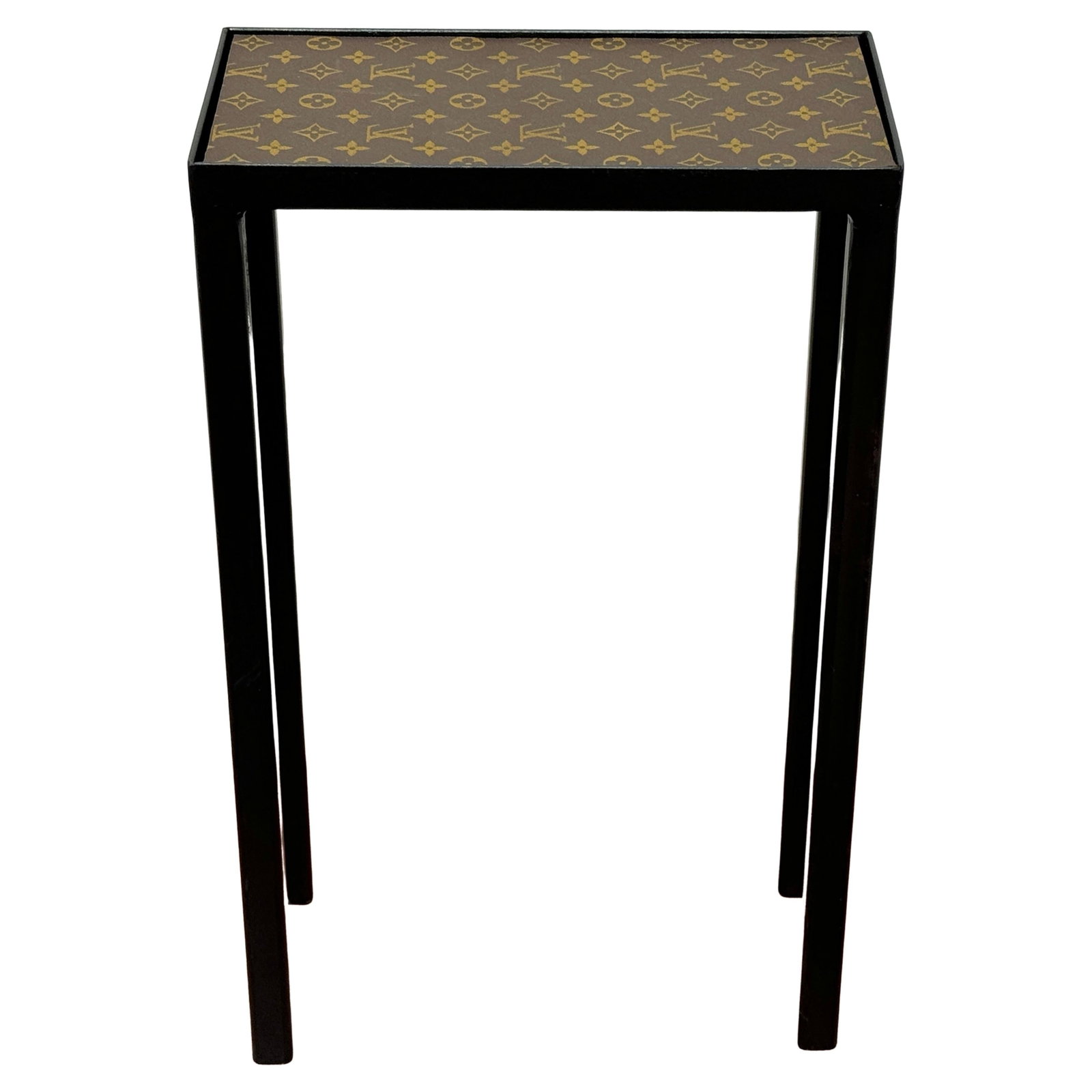 1960s Vintage Louis Vuitton Canvas Wrought Iron Side Table: 1960s Vintage Louis Vuitton Canvas Wrought Iron Side Table Introducing a vintage Louis Vuitton drinks/side table, custom-made in the 1960s. This elegant piece features authentic Louis Vuitton canvas s