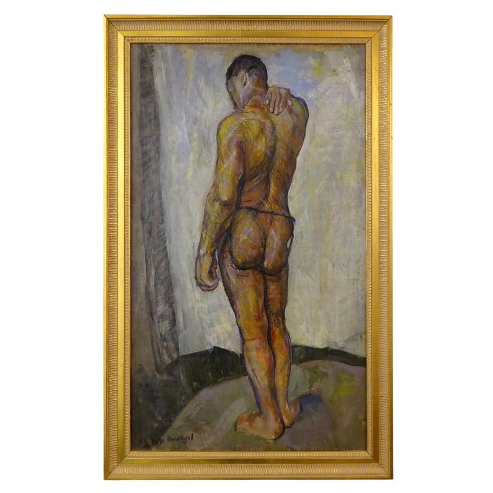 Male Nude Oil on Canvas by Faye Swengel Badura Framed Artwork: Male Nude Oil on Canvas by Faye Swengel Badura Framed Artwork This stunning oil on canvas artwork features a male nude, expertly created by the modernist artist Faye Swengel Badura, known for her cont