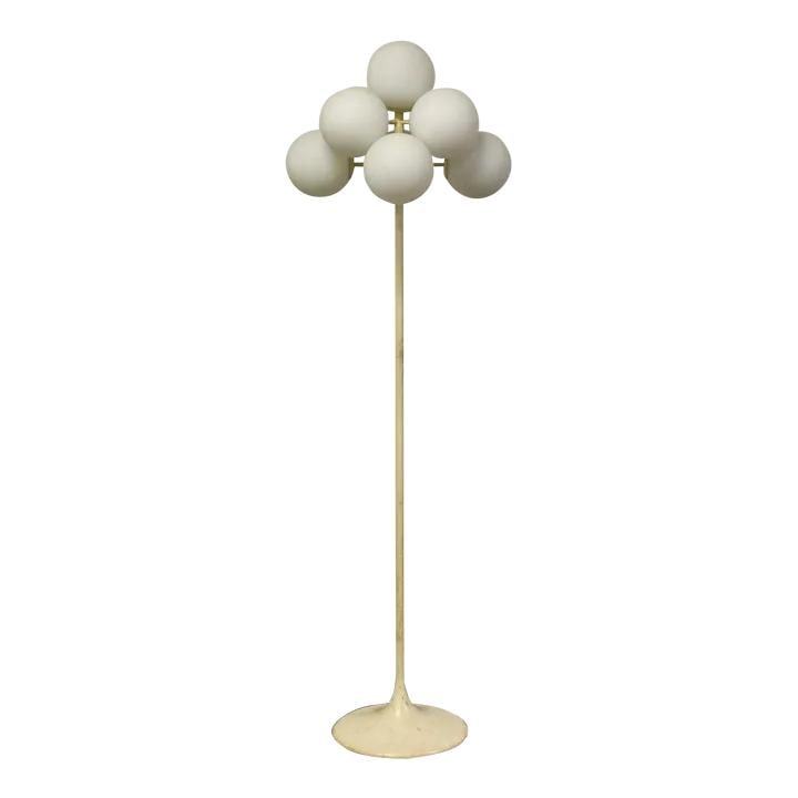 1970s Max Bill White Glass Globe Floor Lamp 62" Tall: 1970s Max Bill White Glass Globe Floor Lamp 62" Tall This stunning mid-century modern floor lamp, designed by Max Bill in the 1970s, features a sleek white design complemented by nine elegant white gl
