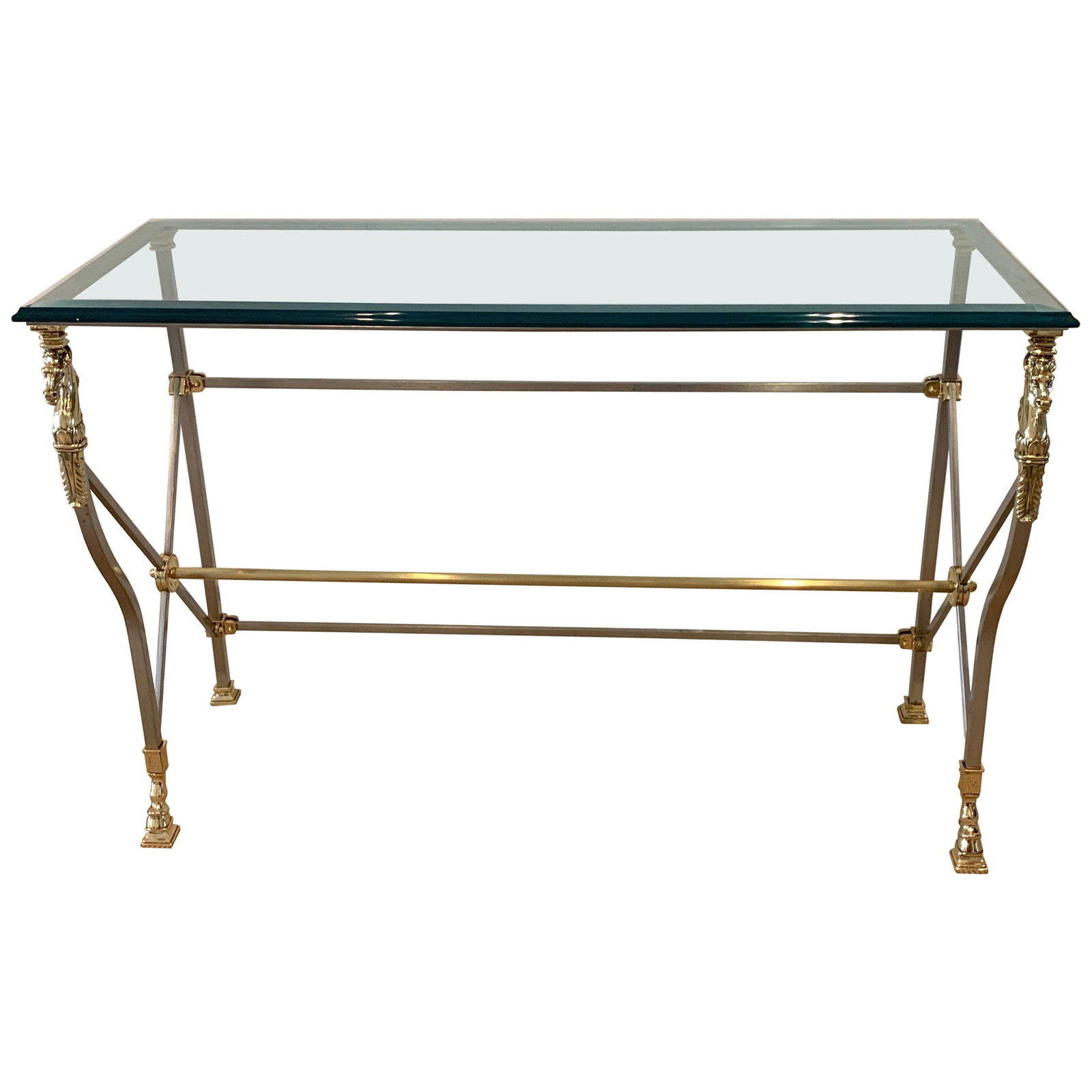 Maison Jansen Neoclassical Brass Steel Glass Console Table France 1960: Maison Jansen Neoclassical Brass Steel Glass Console Table France 1960 This elegant console table embodies the Neoclassical style, reminiscent of the renowned Maison Jansen design. Crafted in France d