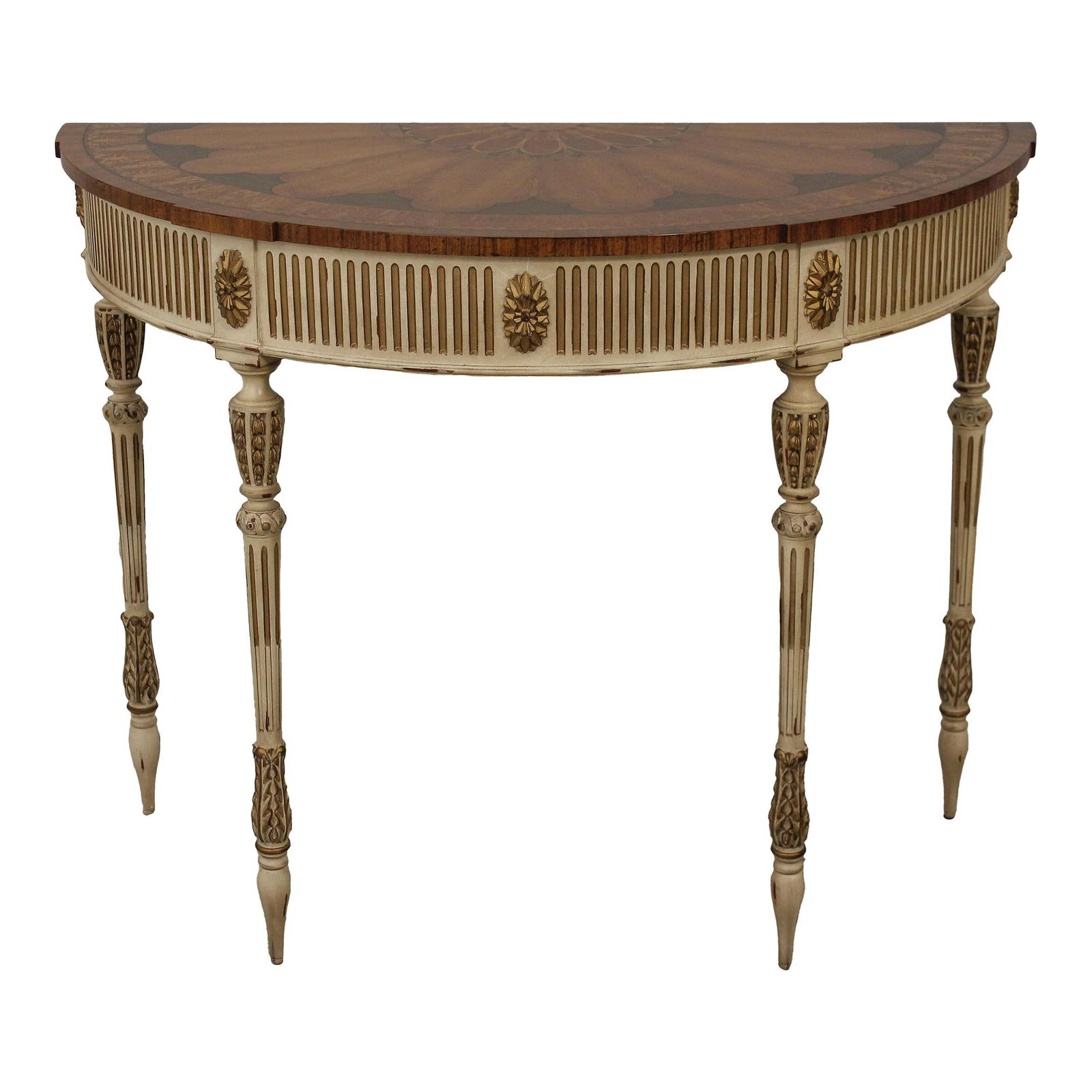 Adams Style Inlaid Console Table: Adams Style Inlaid Console Table This exquisite console table showcases a half-moon shape and features stunning inlay work crafted from satinwood, walnut, and olive tone wood. The table exhibits an el