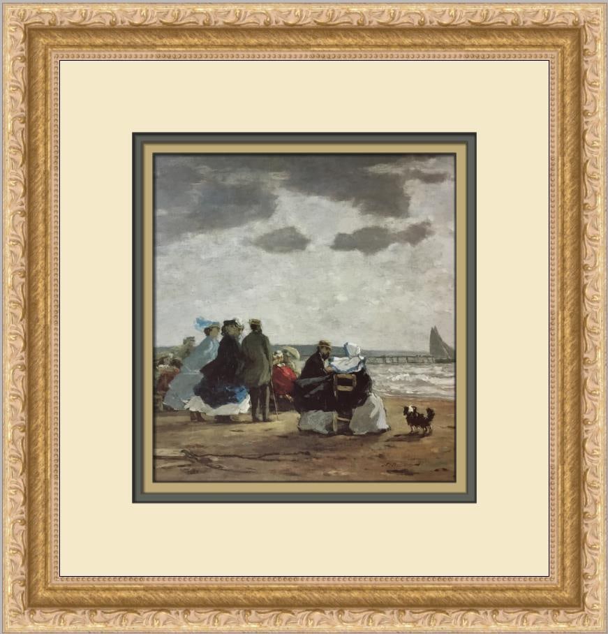 Eugene Boudin On The Beach Custom Framed Print 12.5" x 13.5": Eugene Boudin On The Beach Custom Framed Print 12.5" x 13.5" This custom framed print titled 'On The Beach' by Eugene Boudin captures the essence of impressionism through its depiction of beach figure
