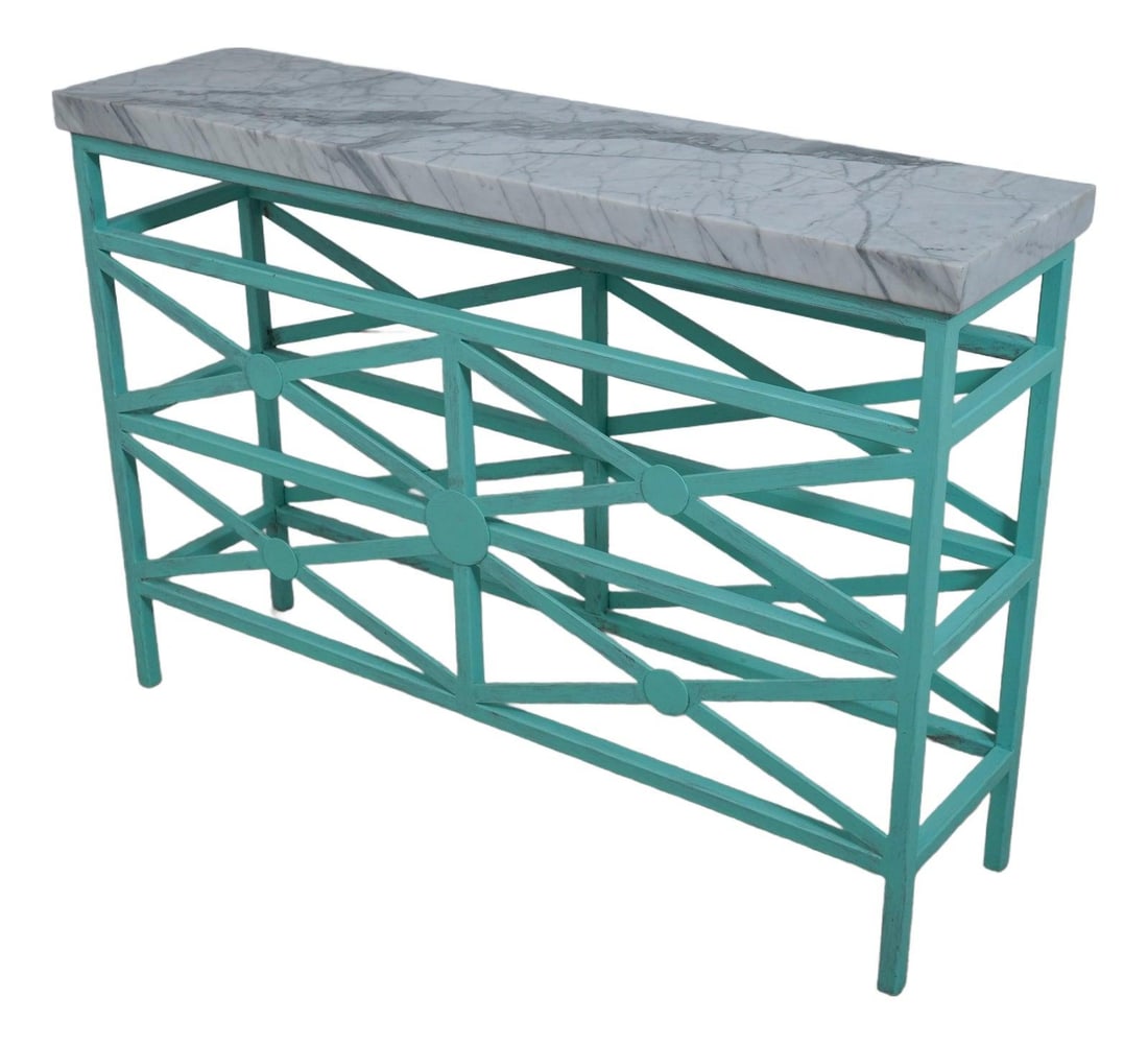EJ Victor Modern Console Table Verdigris Metal Base White Marble Top: EJ Victor Modern Console Table Verdigris Metal Base White Marble Top This modern design console table features a thick white marble top and a verdigris metal base. It is approximately 20 years old and