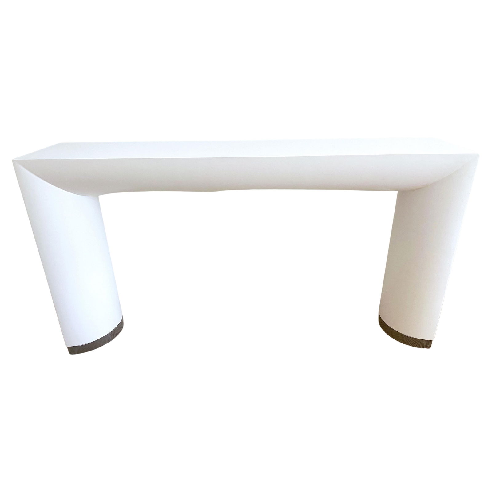 Mid-Century Modern Large White Lacquer 'I-Beam' Console Table by Karl Springer 1980s: Mid-Century Modern Large White Lacquer 'I-Beam' Console Table by Karl Springer 1980s Elevate your interior decor with this stunning Large White Lacquer 'I-Beam' Console Table, reminiscent of the iconi