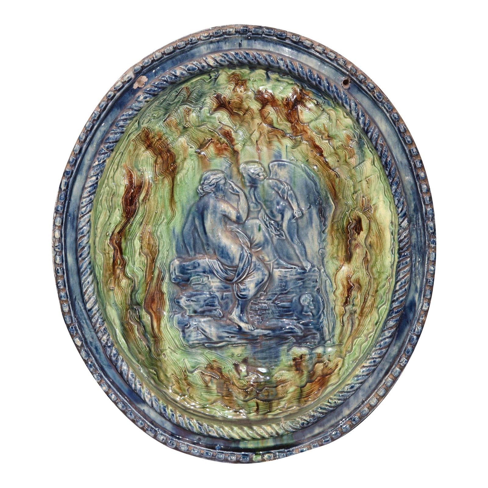 Antique 19th Century Majolica Wall Platter Signed Gambut Aine: Antique 19th Century Majolica Wall Platter Signed Gambut Aine This exquisite 19th Century French hand-painted barbotine wall platter showcases the artistry of Majolica craftsmanship from Beaune, Franc