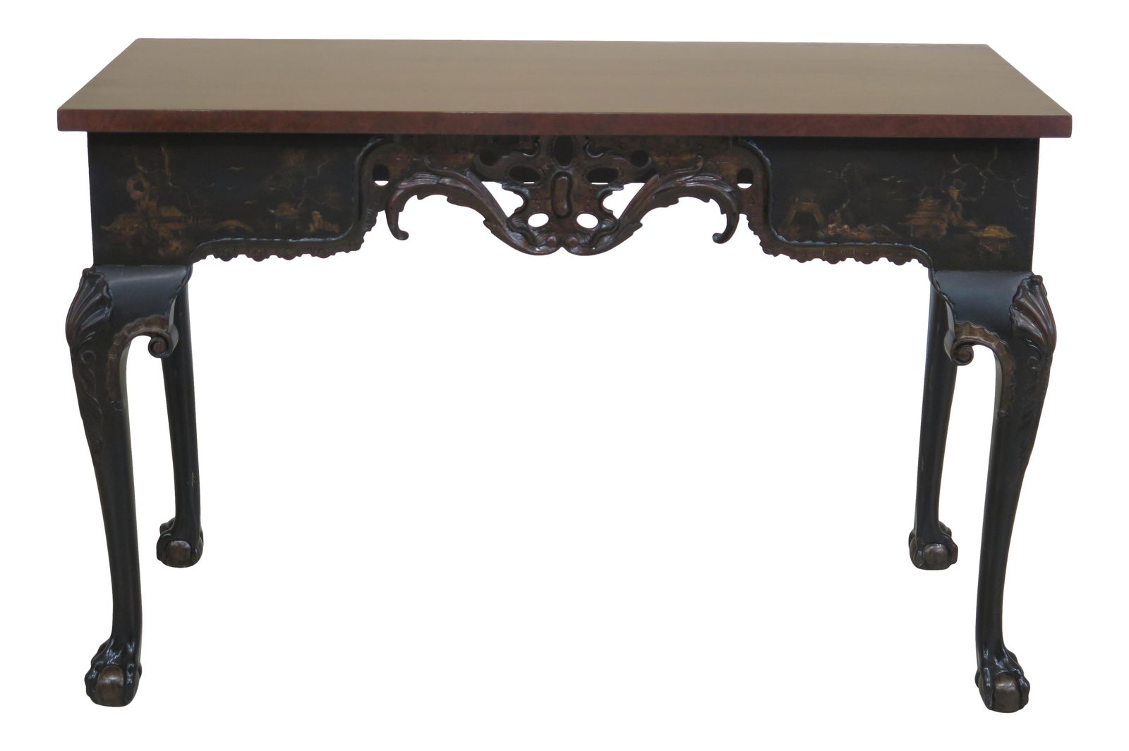 19th Century Chinoiserie Georgian Console Table Black Maple 48": 19th Century Chinoiserie Georgian Console Table Black Maple 48" This exquisite 19th Century Chinoiserie Georgian Console Table showcases a beautifully crafted birdseye maple top, complemented by intri