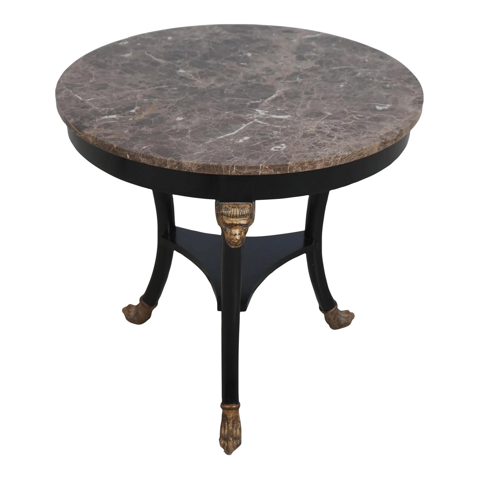 Vintage Regency Round Marble Top Table Black Gold Lion Head 28.5": Vintage Regency Round Marble Top Table Black Gold Lion Head 28.5" This Vintage Regency Style Round Marble Top Table features a stunning black and gold base complemented by exquisite lion head carvings