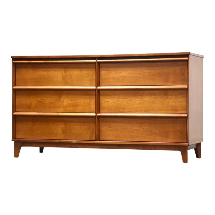 Mid Century Modern Birch Dresser with 6 Drawers 56 x 19 x 31.25: Mid Century Modern Birch Dresser with 6 Drawers 56 x 19 x 31.25 This stunning mid-century modern dresser features a beautiful birch wood construction and is designed with sculpted drawer pulls for a u