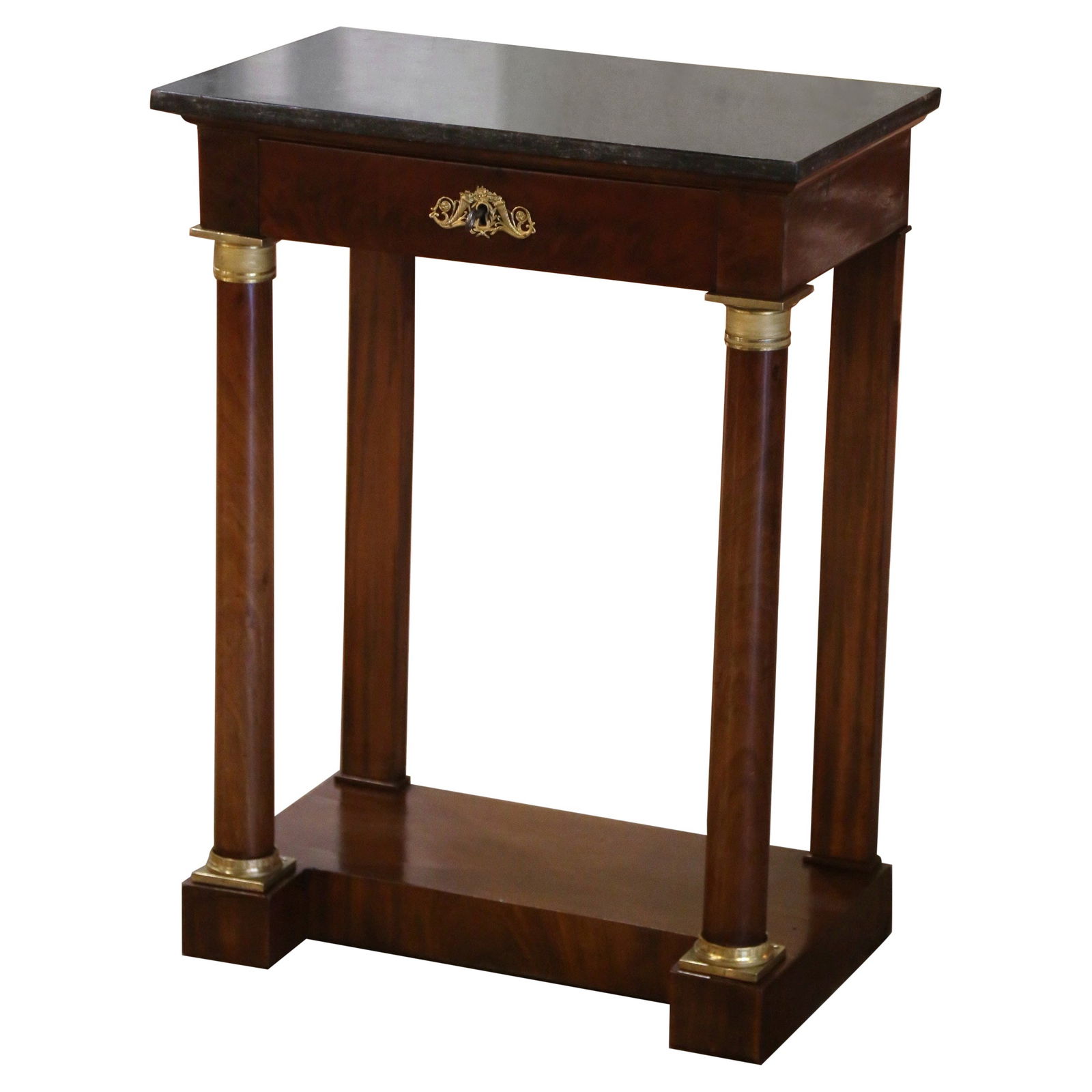 19th Century French Empire Mahogany Console Table with Marble Top: 19th Century French Empire Mahogany Console Table with Marble Top This exquisite 19th Century French Empire console table combines elegance and functionality. Crafted from mahogany, it features a stun