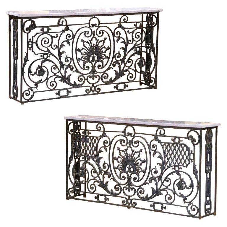 19th Century French Louis XV Console Tables Set of 2 with Marble Tops: 19th Century French Louis XV Console Tables Set of 2 with Marble Tops Enhance your decor with this exquisite pair of 19th-century French Louis XV iron console tables. Crafted around 1870, these consol