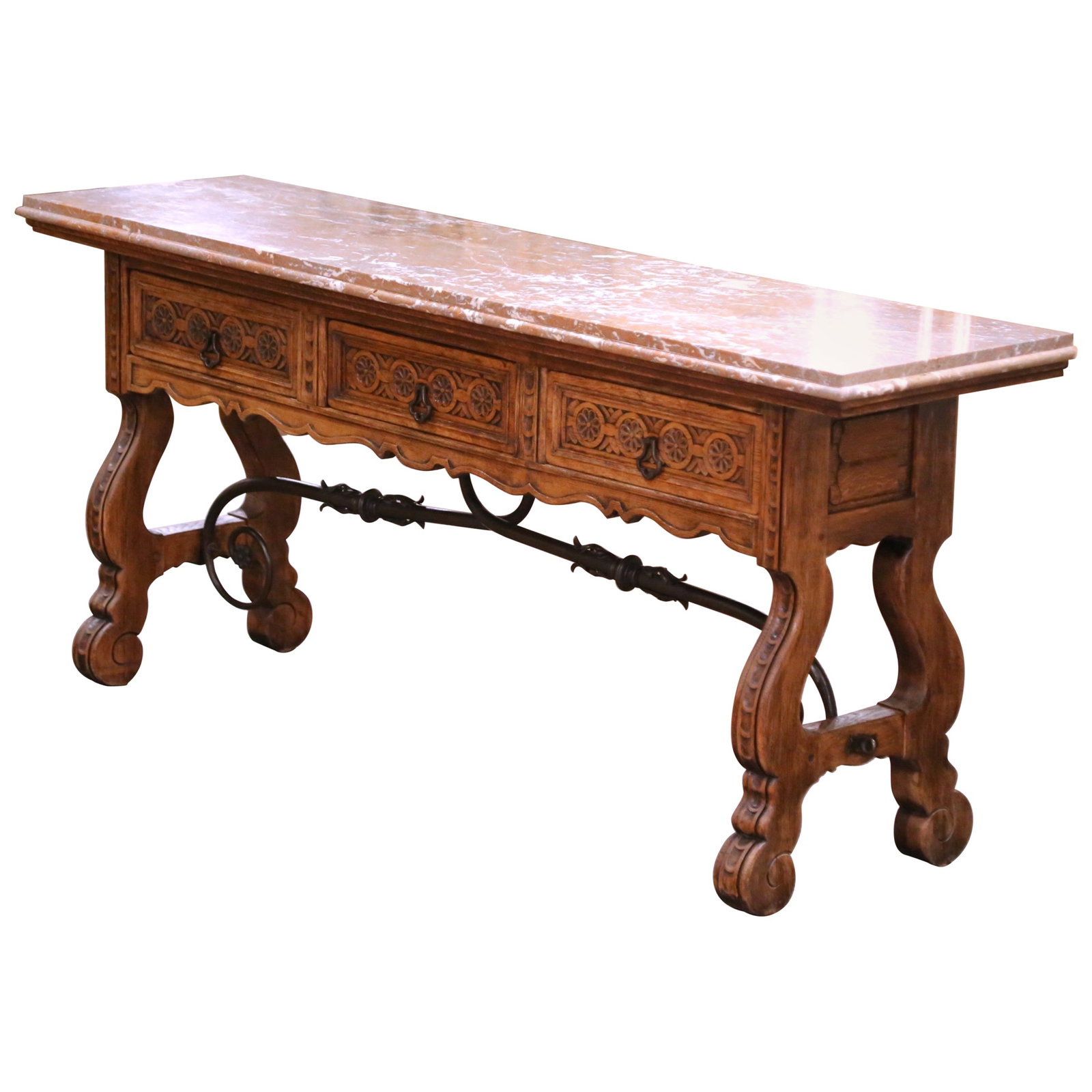 19th Century Spanish Baroque Oak Console Table with Marble Top: 19th Century Spanish Baroque Oak Console Table with Marble Top Elevate your space with this exquisite 19th Century Spanish Baroque Carved Oak Console, a perfect blend of rustic charm and classical ele