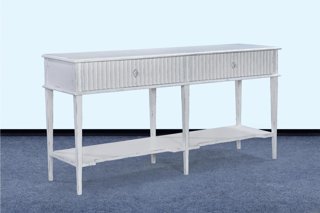 Elegant Transitional White Console Finish 70" Solid Wood: Elegant Transitional White Console Finish 70" Solid Wood Enhance your living space with this elegant Transitional White Console, designed in an antique style. This console features a beautiful antique