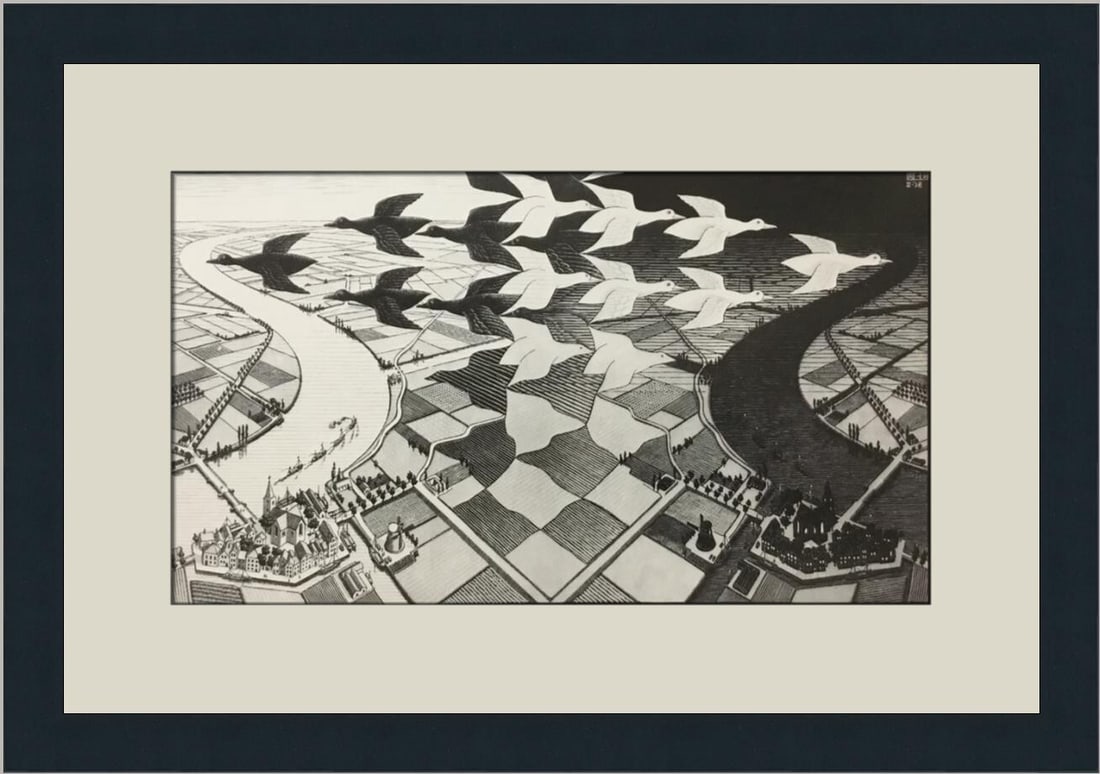 M.C. Escher Day and Night Custom Framed Art Print 14 x 20: M.C. Escher Day and Night Custom Framed Art Print 14 x 20 This stunning custom framed print features M.C. Escher's iconic artwork titled "Day and Night," showcasing a captivating interplay of light an