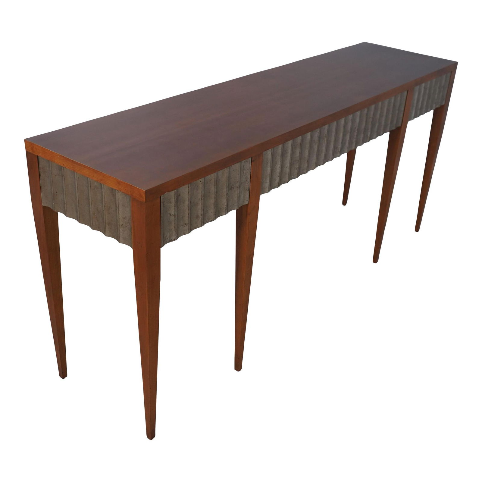 Baker Modern Cherry Wood Console Table with Silver Leaf Accents 72x18x32: Baker Modern Cherry Wood Console Table with Silver Leaf Accents 72x18x32 This exquisite Baker Modern Design Console Table showcases a harmonious blend of cherry wood and stunning silver leaf accents.