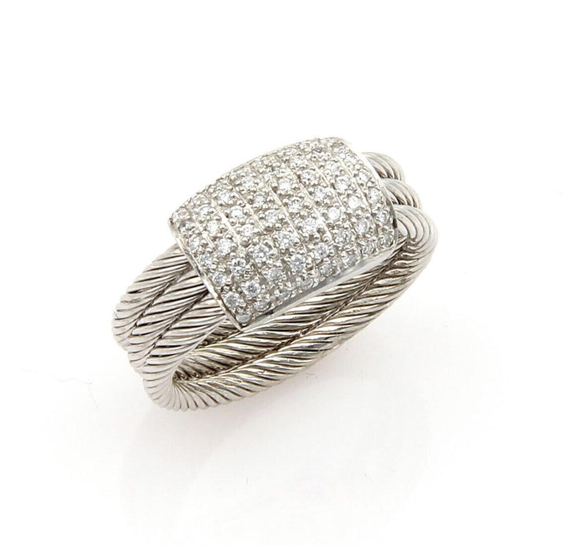 Charriol Flamme Blanche 18k White Gold Diamond Cable Ring Signed: Charriol Flamme Blanche 18k White Gold Diamond Cable Ring Signed The Philippe Charriol Flamme Blanche Cable Ring is a luxurious piece crafted from 18k white gold, featuring intricate cable detailing a