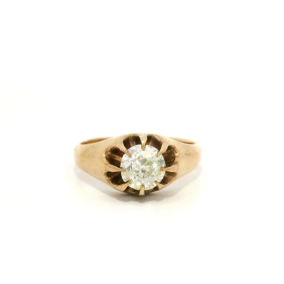 Victorian 14k Gold 0.60ct Old Mine Diamond Solitaire Gypsy Ring: Victorian 14k Gold 0.60ct Old Mine Diamond Solitaire Gypsy Ring This exquisite Antique Victorian Gold Belcher Set features a stunning 0.60ct Old Mine Diamond solitaire, elegantly crafted in solid 14k 