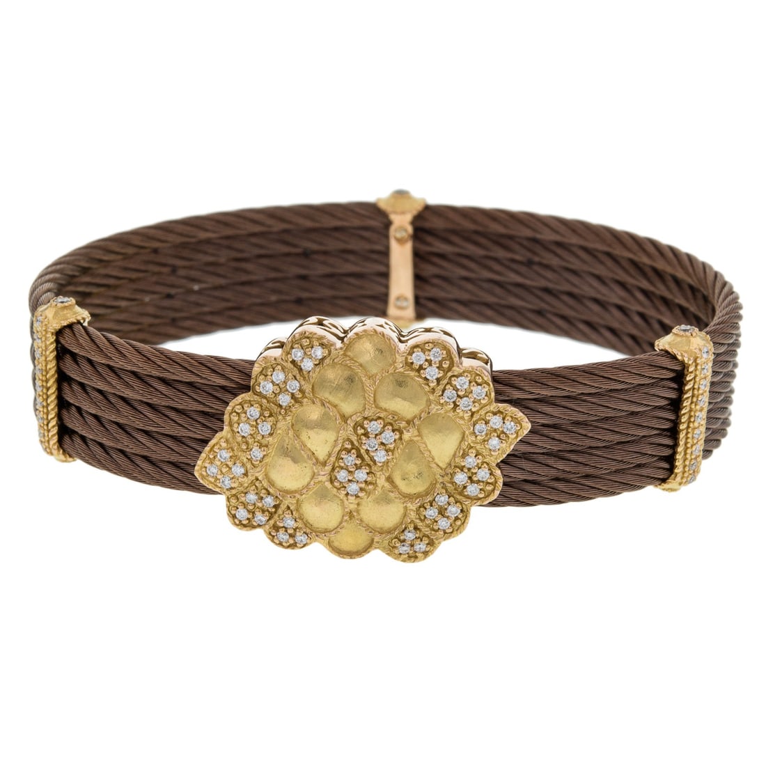 Charriol Celtique 5 Row Nautica Cable Bracelet 18K Yellow Gold Diamond: Charriol Celtique 5 Row Nautica Cable Bracelet 18K Yellow Gold Diamond Elevate your accessory collection with this stunning Charriol Celtique 5 Row Nautica Cable Bracelet. Designed as a bangle, it fea
