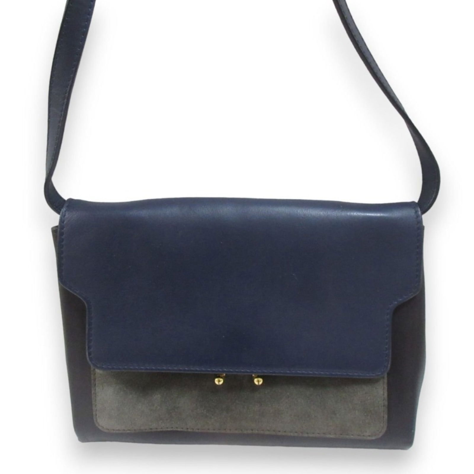 Marni Trunk Mini Suede Leather Shoulder Bag Navy Black Grey: Marni Trunk Mini Suede Leather Shoulder Bag Navy Black Grey This exquisite MARNI TRUNK Shoulder Bag is a perfect blend of contemporary style and practicality. Crafted from high-quality suede leather,