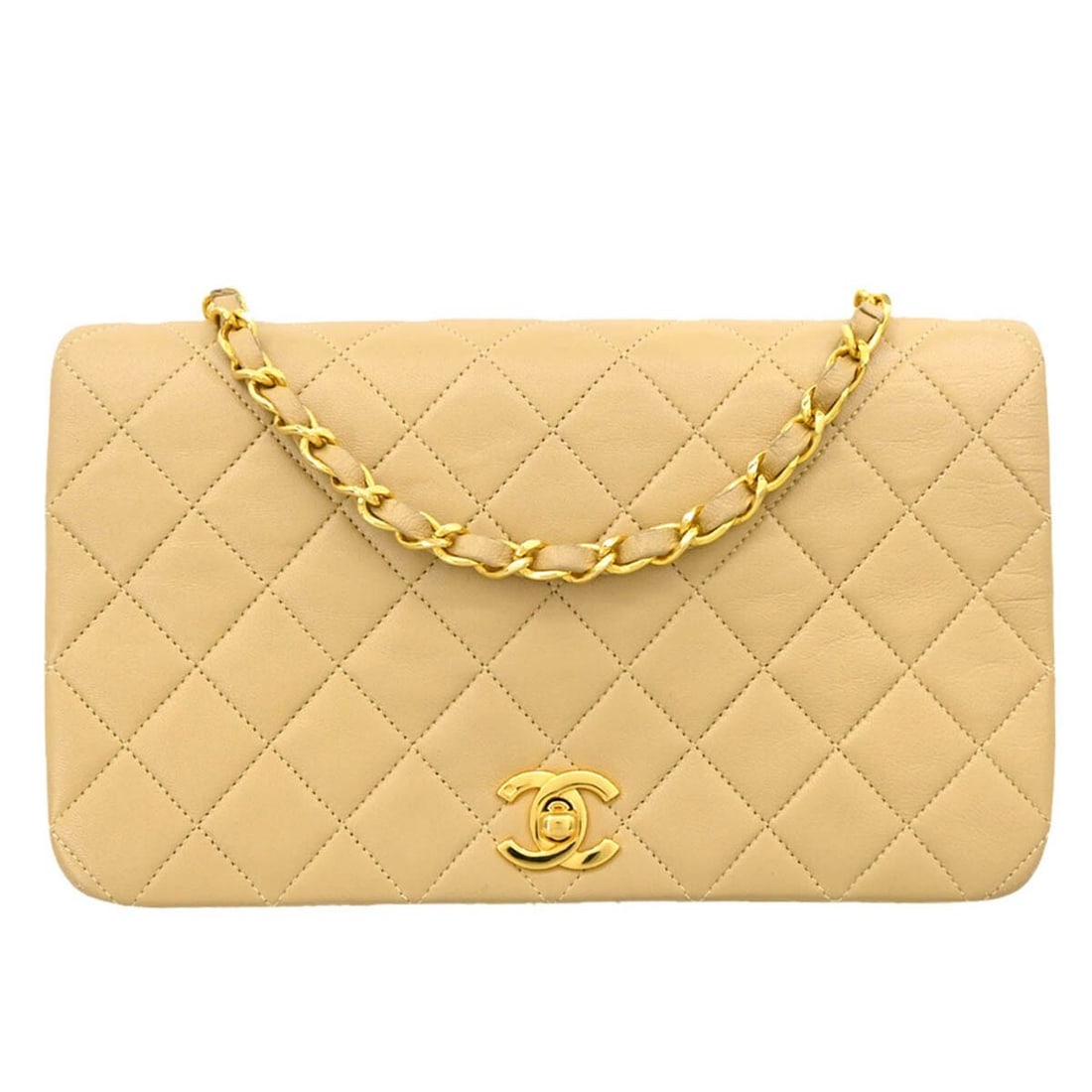 Chanel Beige Lambskin Quilted Turnlock Small Flap Bag: Chanel Beige Lambskin Quilted Turnlock Small Flap Bag This Chanel Beige Lambskin Turnlock Small Full Flap Shoulder Bag is an elegant addition to any casual outfit. Constructed from premium lambskin le