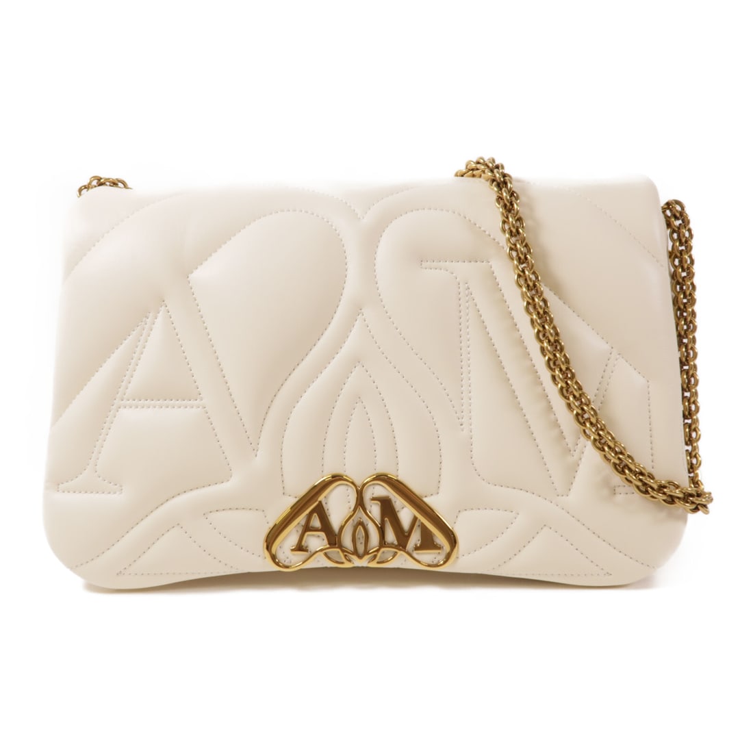 Alexander McQueen White Lambskin Shoulder Bag 11.8x7.5 GHW: Alexander McQueen White Lambskin Shoulder Bag 11.8x7.5 GHW This exquisite shoulder bag, crafted from premium lambskin leather, showcases a stunning white exterior. With its sleek design and pristine c