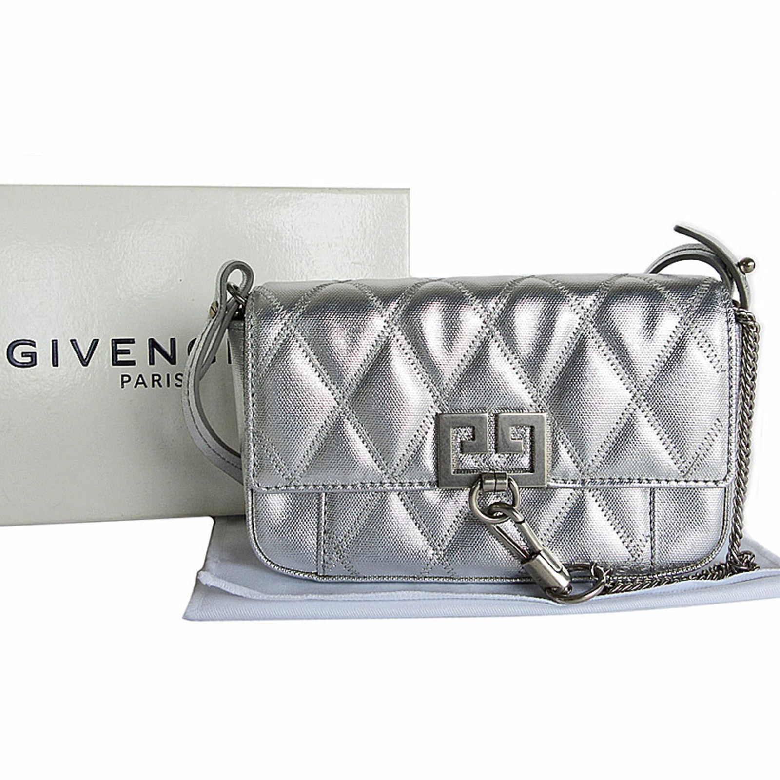 Givenchy Silver Polyester Shoulder Bag for Women 11cm x 17cm x 4cm: Givenchy Silver Polyester Shoulder Bag for Women 11cm x 17cm x 4cm Elevate your accessory collection with this stylish Givenchy shoulder bag. Crafted from durable polyester, this bag features a chic s