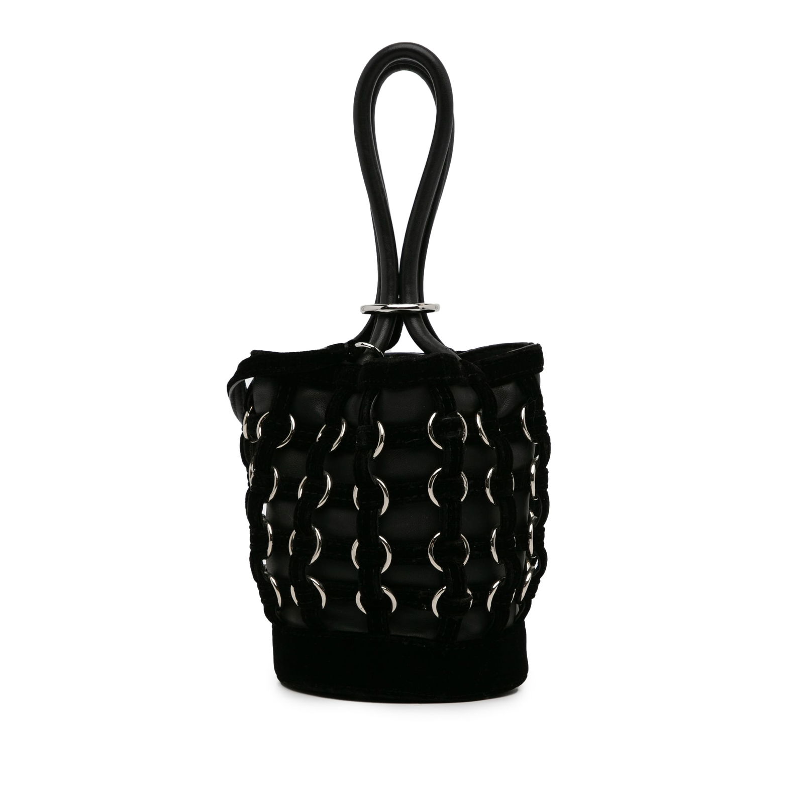 Alexander Wang Roxy Bucket Bag in Black Leather with Velvet Trim: Alexander Wang Roxy Bucket Bag in Black Leather with Velvet Trim Introducing the Alexander Wang Roxy Bucket Bag, a stylish and versatile accessory crafted from high-quality leather with luxurious velv
