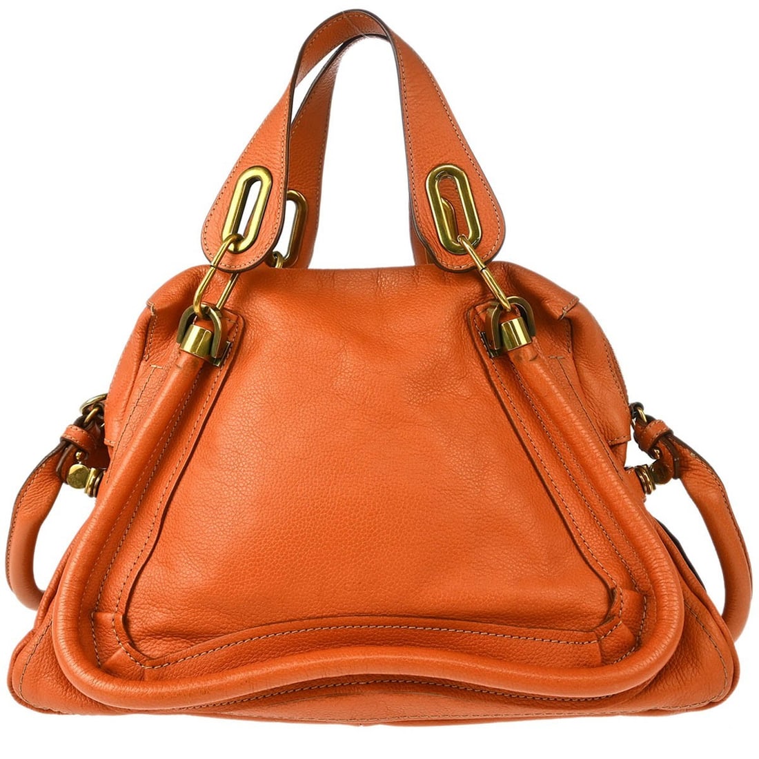 Chloe Paraty Orange Leather 2way Handbag with Gold Hardware: Chloe Paraty Orange Leather 2way Handbag with Gold Hardware Presenting the Chloe Paraty 2way Handbag, a stunning accessory crafted from vibrant orange leather. This spacious bag features a sophisticat