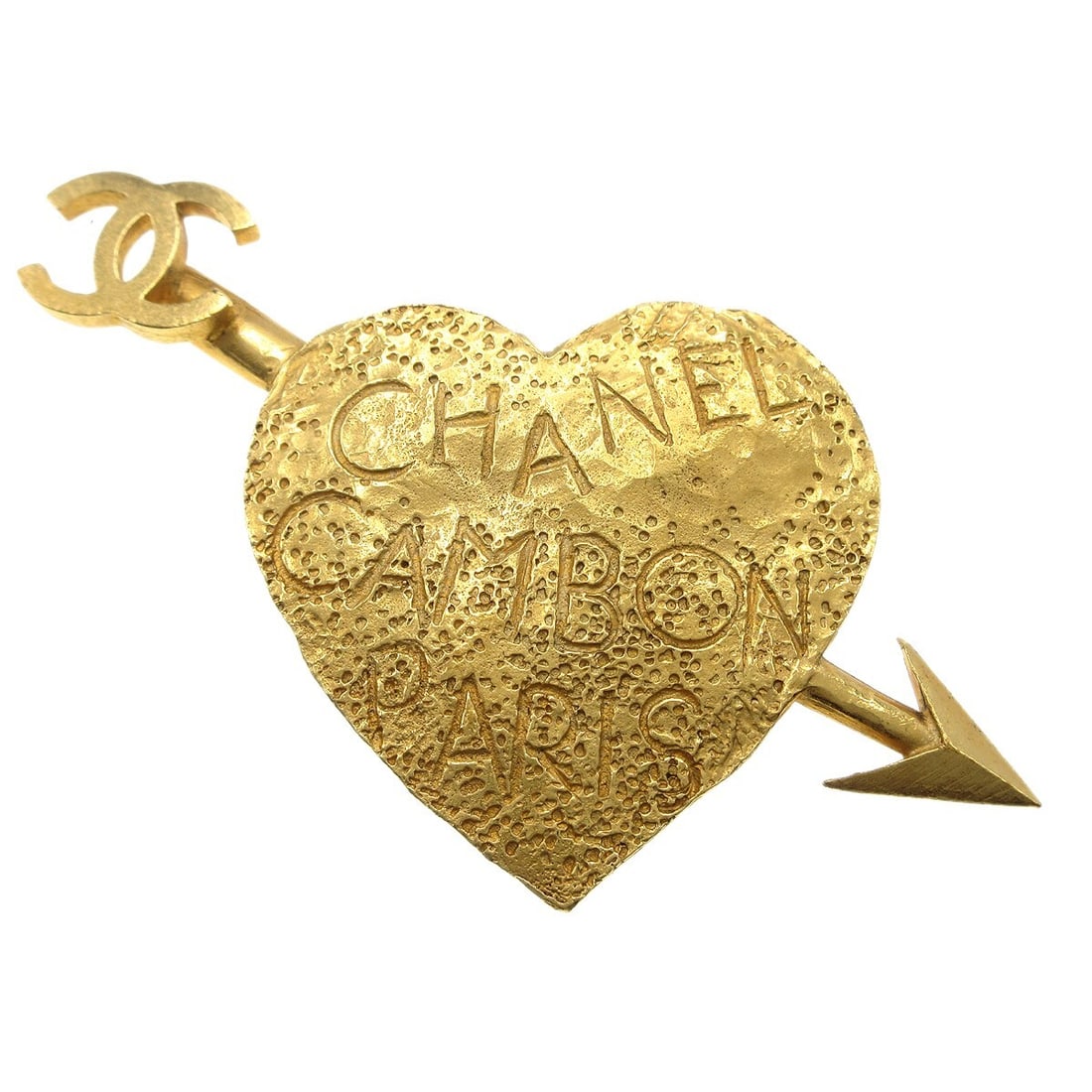 Chanel 93P Gold-Plated Bow and Arrow Heart Brooch 4in: Chanel 93P Gold-Plated Bow and Arrow Heart Brooch 4in This exquisite Chanel Bow and Arrow Heart Brooch Pin from the 93P collection is a stunning accessory that adds a touch of elegance to any outfit.