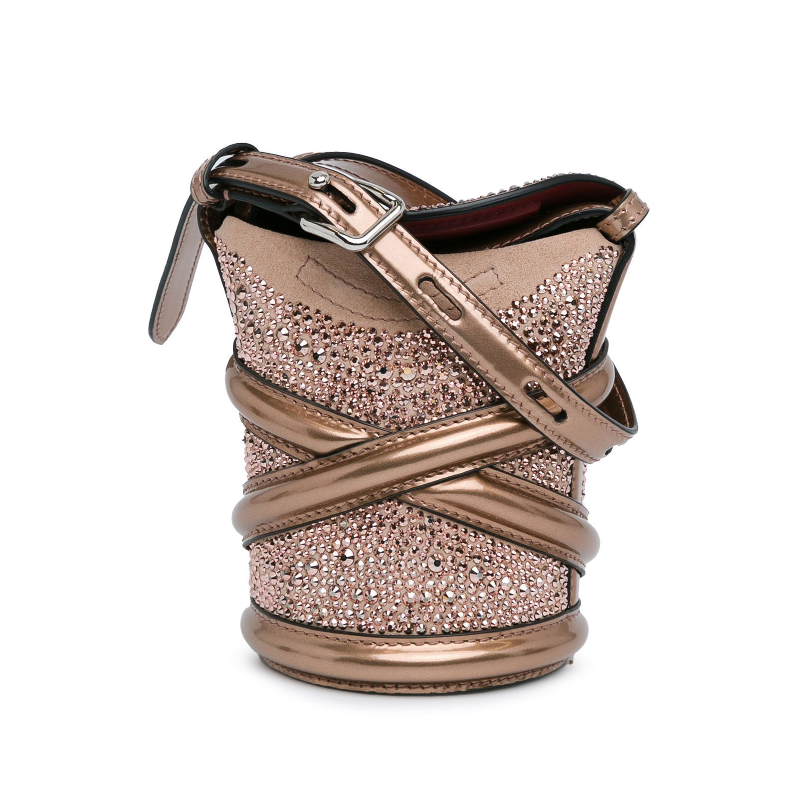 Alexander McQueen Crystal Embellished The Curve Bucket Bag in Brown: Alexander McQueen Crystal Embellished The Curve Bucket Bag in Brown This Alexander McQueen bucket bag showcases a luxurious leather body adorned with sparkling crystal embellishments. It features an a