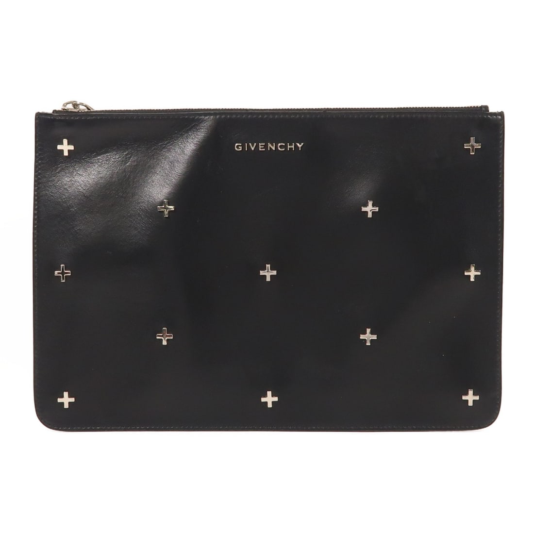 GIVENCHY Black Calfskin Leather Clutch Bag Pouch: GIVENCHY Black Calfskin Leather Clutch Bag Pouch This GIVENCHY clutch bag is crafted from high-quality black calfskin leather, designed for style and functionality. The sleek and compact shape makes i