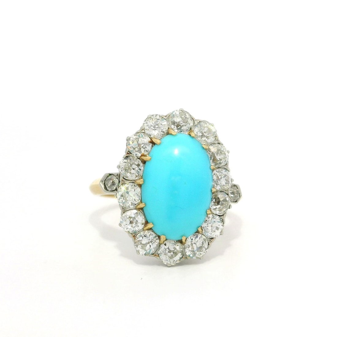Edwardian 18k Gold Platinum Turquoise Diamond Cocktail Ring: Edwardian 18k Gold Platinum Turquoise Diamond Cocktail Ring This exquisite French Antique Edwardian ring features a stunning combination of 18k solid yellow gold and platinum, set with a vibrant natur