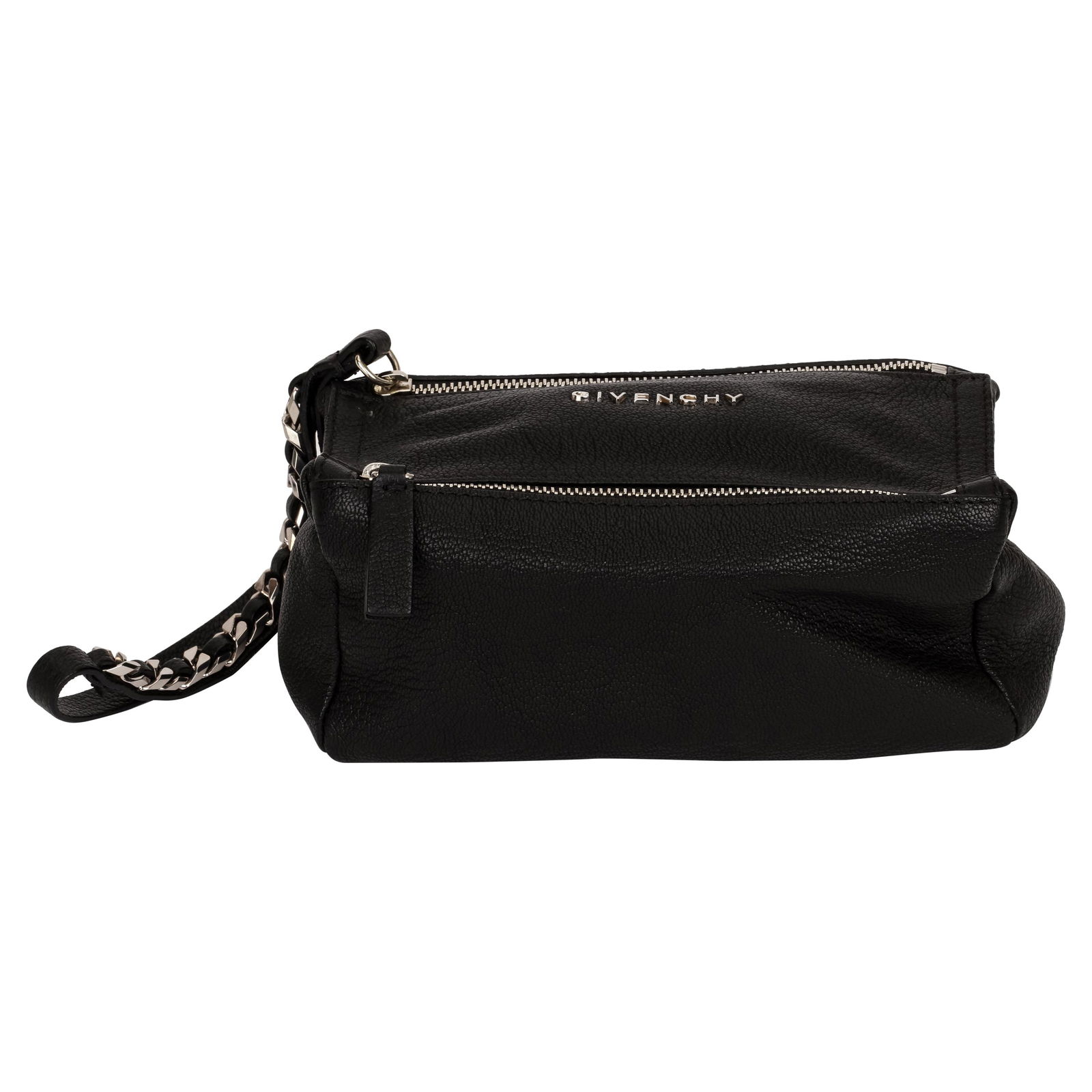 Givenchy Black Leather Double Zip Pochette Bag with Chain Handle: Givenchy Black Leather Double Zip Pochette Bag with Chain Handle This exquisite Givenchy Black Leather Pochette Bag is a must-have accessory for any fashion enthusiast. Crafted in Italy, this stylish