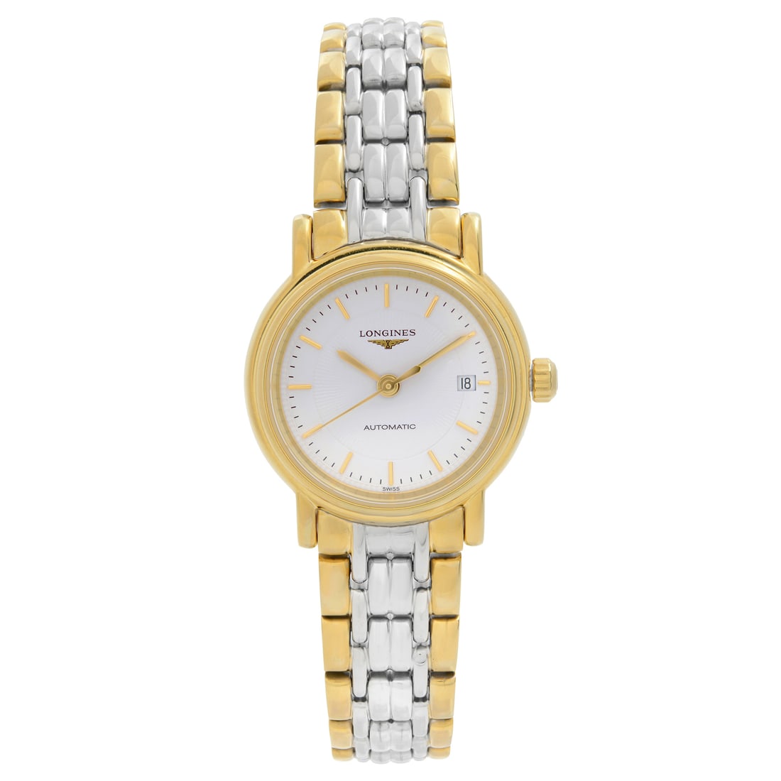 Longines Presence Ladies Two-Tone Automatic Watch L4.321.2.12.7: Longines Presence Ladies Two-Tone Automatic Watch L4.321.2.12.7 Elevate your style with the Longines Presence Two-Tone Steel Ladies Watch. This exquisite timepiece features a polished stainless steel