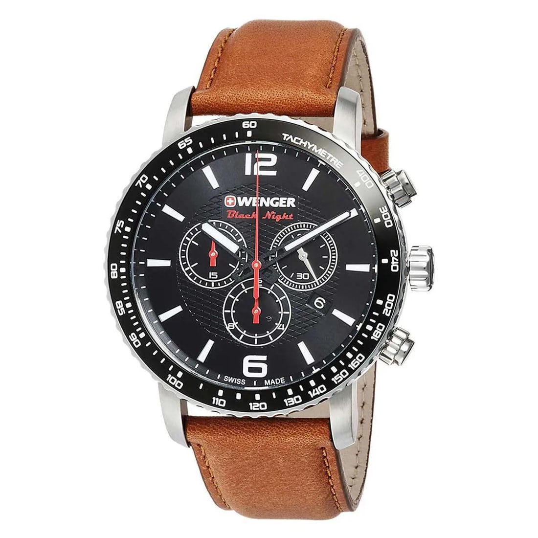 Wenger Roadster Black Night 45mm Quartz Men's Watch with Tachymeter Bezel: Wenger Roadster Black Night 45mm Quartz Men's Watch with Tachymeter Bezel The Wenger Roadster Black Night is a stylish men's wristwatch designed for casual wear. This timepiece features a sleek black