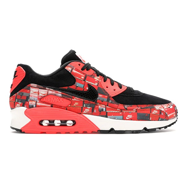 Nike Air Max 90 Atmos We Love Nike Bright Crimson Sneakers: Nike Air Max 90 Atmos We Love Nike Bright Crimson Sneakers Introducing the authentic Nike Air Max 90 Atmos 'We Love Nike' in striking Bright Crimson. This sneaker showcases a sleek black colorway with