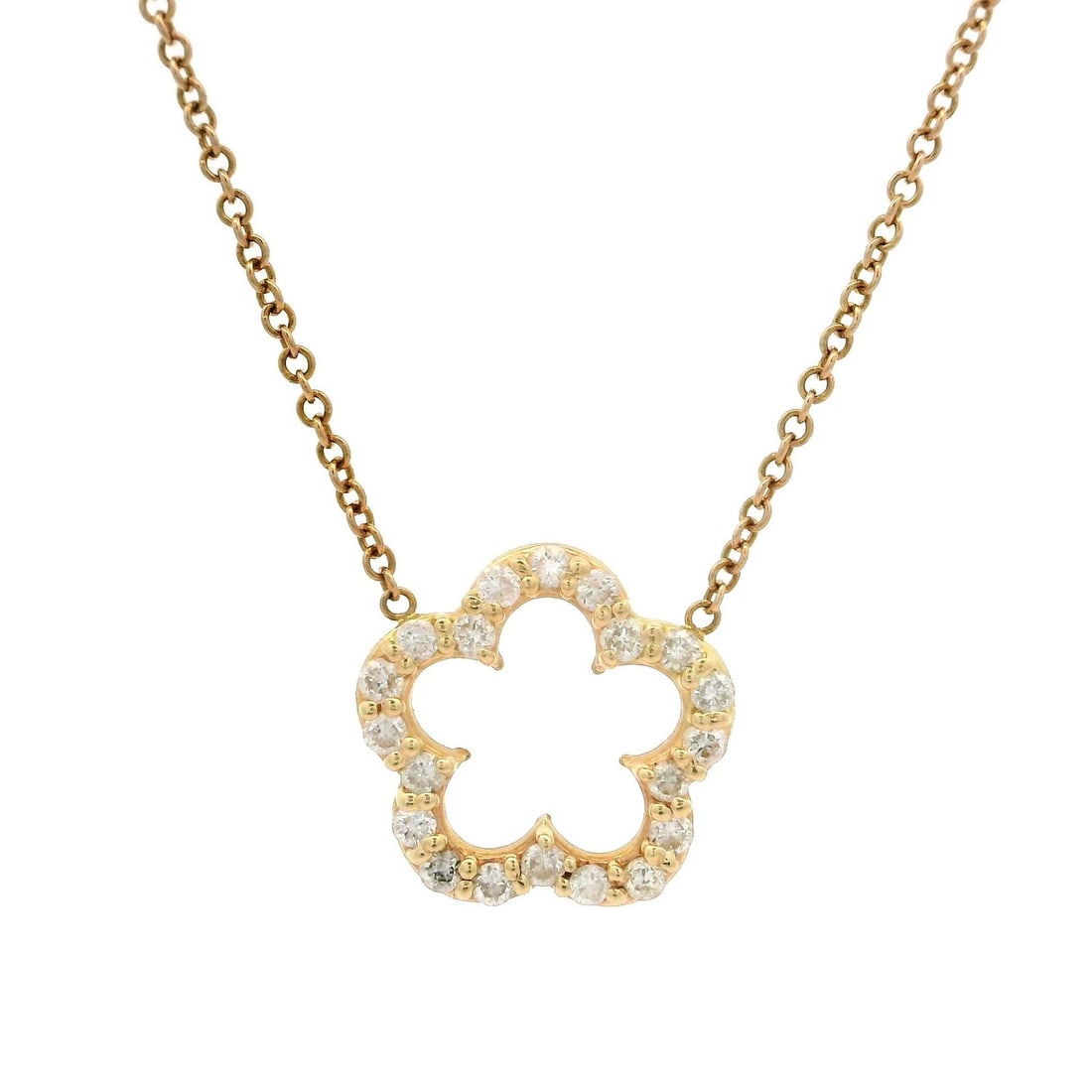 14k Yellow Gold Flower Pendant Necklace with 20 Diamonds 0.20ctw: 14k Yellow Gold Flower Pendant Necklace with 20 Diamonds 0.20ctw This exquisite 14k Yellow Gold pendant necklace features an open flower design adorned with 20 natural genuine diamonds, round brillian