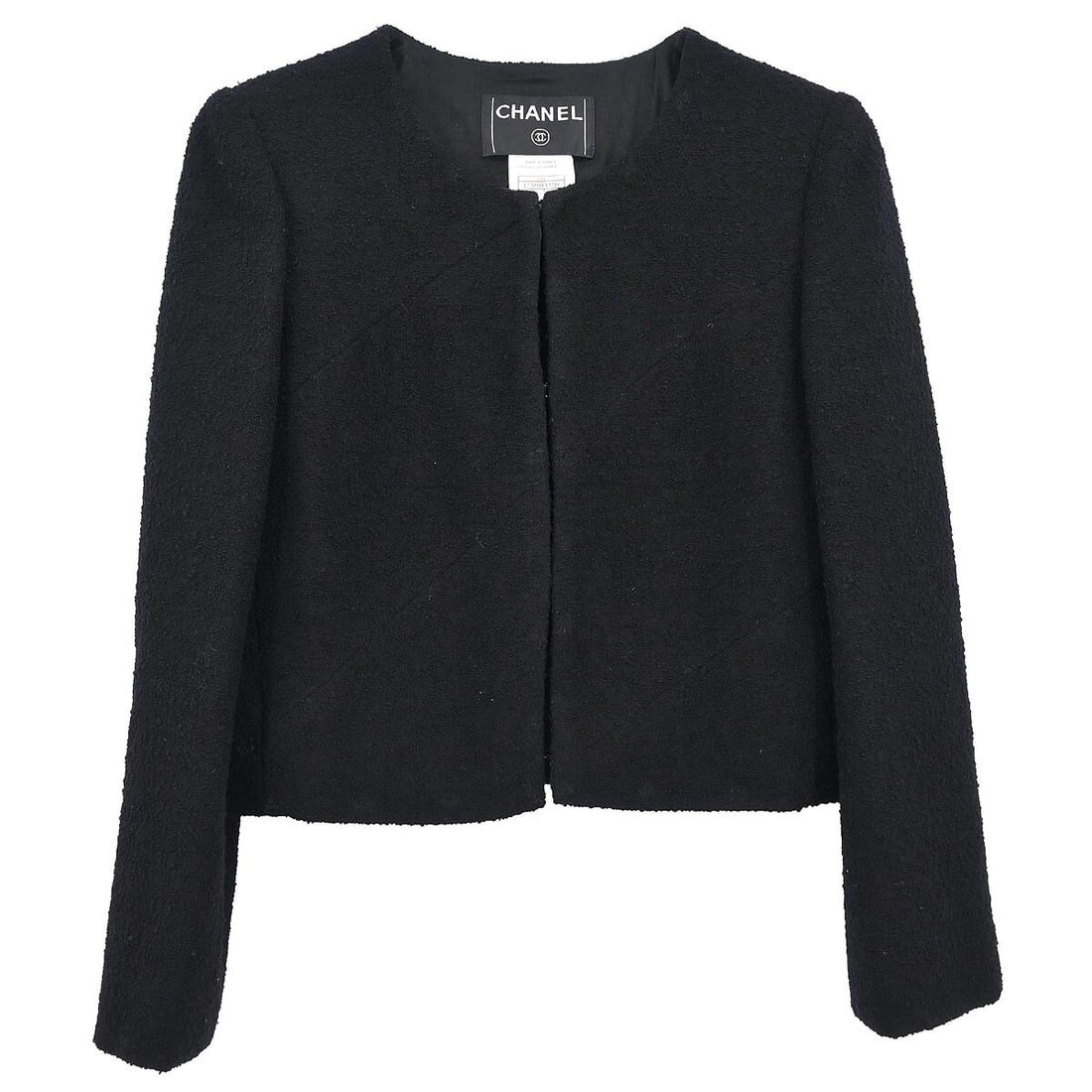 Vintage Chanel Black Collarless Jacket 03A #40 Wool Blend Fall: Vintage Chanel Black Collarless Jacket 03A #40 Wool Blend Fall This vintage Chanel collarless jacket is a stylish addition to your fall wardrobe. Crafted from a blend of 92% wool and 8% nylon, it feat