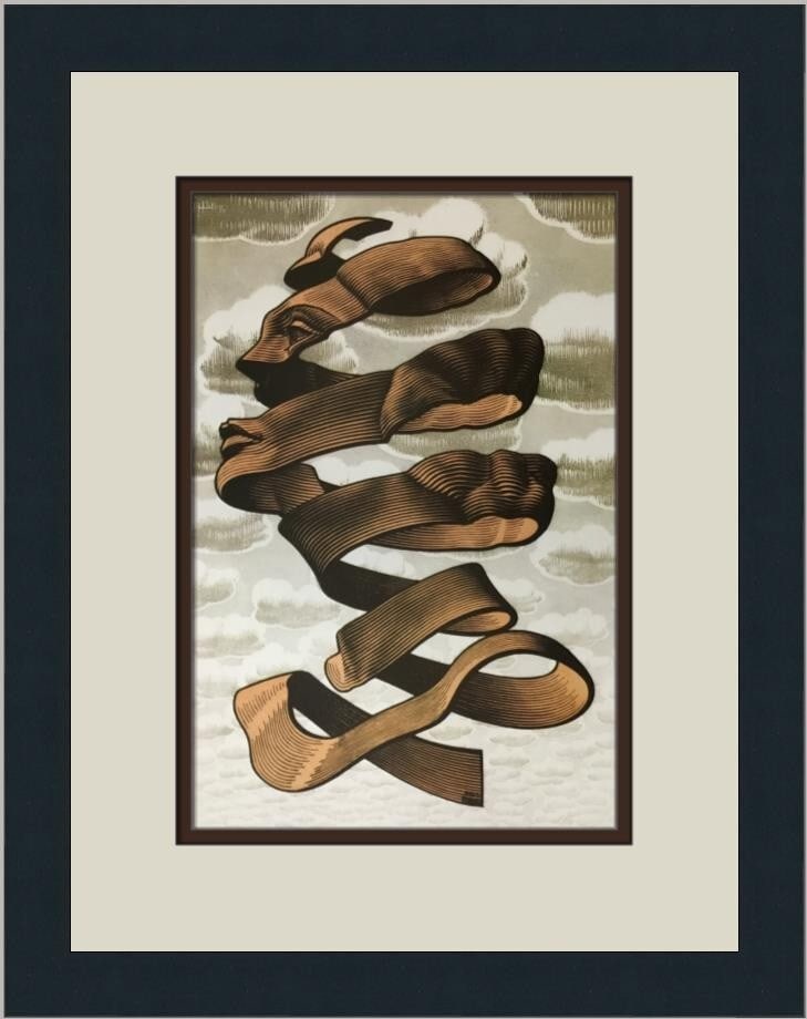 M.C. Escher Rind Custom Framed Print 16 x 13 Abstract Art 1974: M.C. Escher Rind Custom Framed Print 16 x 13 Abstract Art 1974 This custom framed print titled "Rind" by M.C. Escher showcases a striking example of Abstract Constructivism, blending fantasy and moder