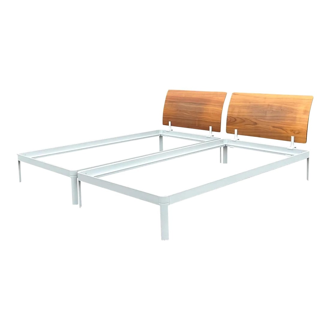 Vintage Contemporary Twin Beds with Flared Wood Headboards Pair: Vintage Contemporary Twin Beds with Flared Wood Headboards Pair This exquisite pair of vintage Contemporary twin beds features stunning flared wood headboards complemented by a durable metal frame. De