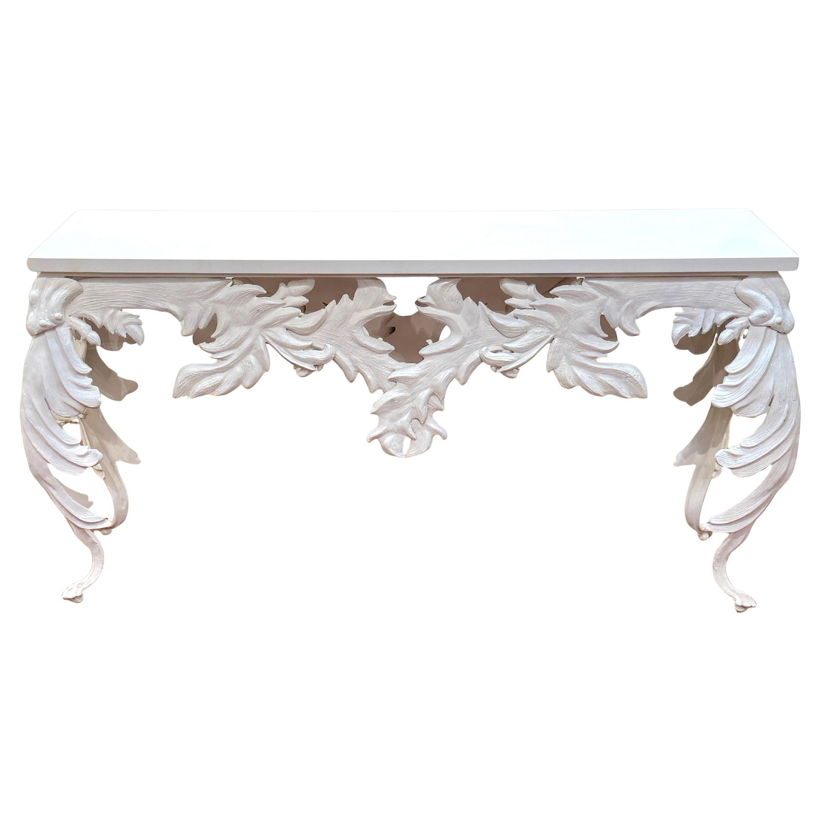 Hollywood Regency Palmette Console with White Quartz Top 1980s: Hollywood Regency Palmette Console with White Quartz Top 1980s Elevate your space with this striking Hollywood Regency Style Palmette Console, featuring a luxurious white quartz stone top. This consol