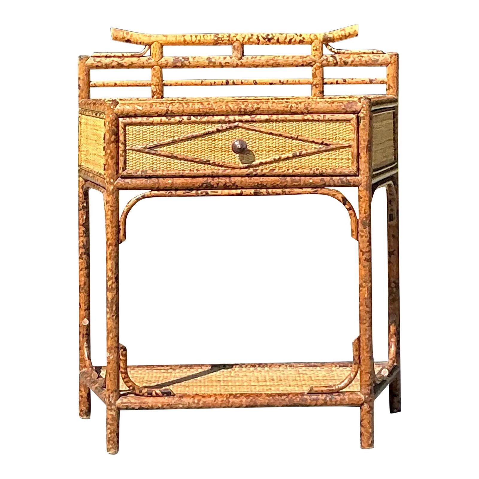 Vintage Tortoise Bamboo Pagoda Console Table with Rattan Surface: Vintage Tortoise Bamboo Pagoda Console Table with Rattan Surface This exquisite vintage console table features a striking tortoise bamboo frame and a beautifully woven rattan surface, offering a harmo