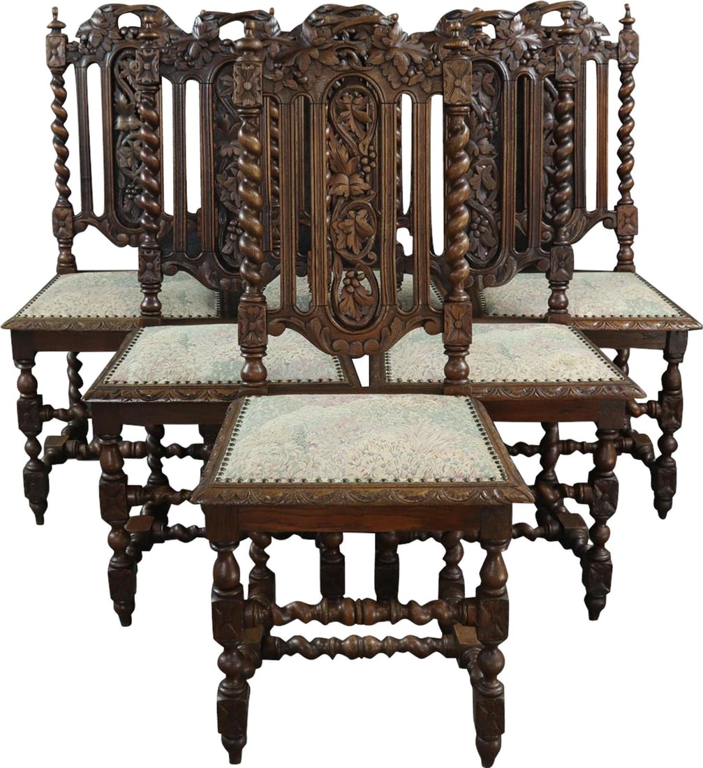 1880 Antique French Oak Dining Chairs Renaissance Revival Style Set: 1880 Antique French Oak Dining Chairs Renaissance Revival Style Set This exquisite set of 1880 Antique French Oak Dining Chairs showcases the elegance of the Renaissance Revival style. Crafted from so
