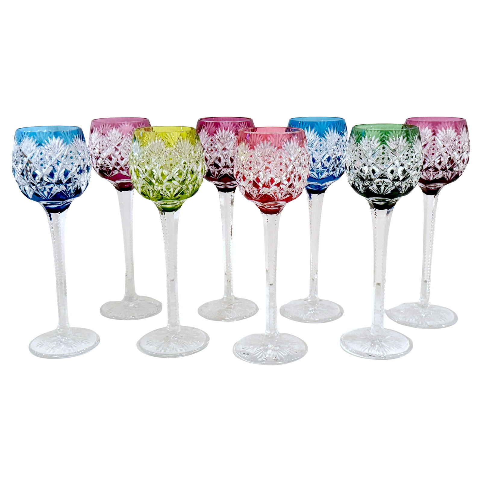 Set of 8 St. Louis Cut Crystal Florence Goblets Belgium 1970s: Set of 8 St. Louis Cut Crystal Florence Goblets Belgium 1970s This exquisite set of eight St. Louis-style cut crystal goblets showcases the brilliance of the Florence pattern in vibrant gemstone color