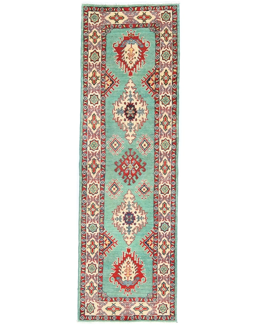 Hand-Knotted Kazak Tribal Runner Rug 1'11 X 6'3 Geometric Wool Carpet: Hand-Knotted Kazak Tribal Runner Rug 1'11 X 6'3 Geometric Wool Carpet Enhance your space with this beautiful Hand-Knotted Kazak Tribal Runner Rug. This stunning geometric Oriental carpet features a vi