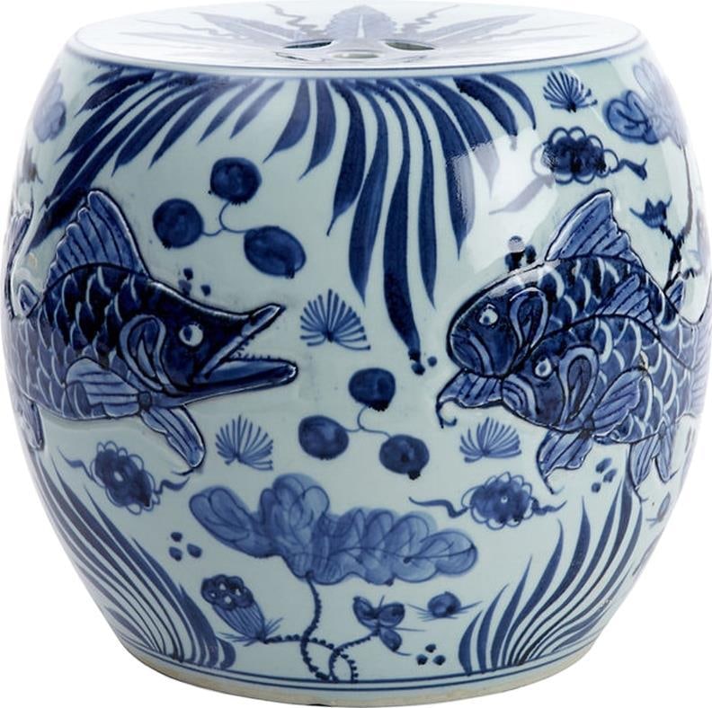 Handcrafted Blue Fish Motif Drum Stool 12H 15W 15D: Handcrafted Blue Fish Motif Drum Stool 12H 15W 15D This Decorative Handcrafted Fish Motif Stool features a charming drum shape, beautifully carved with a fish design. Its unique craftsmanship adds a w