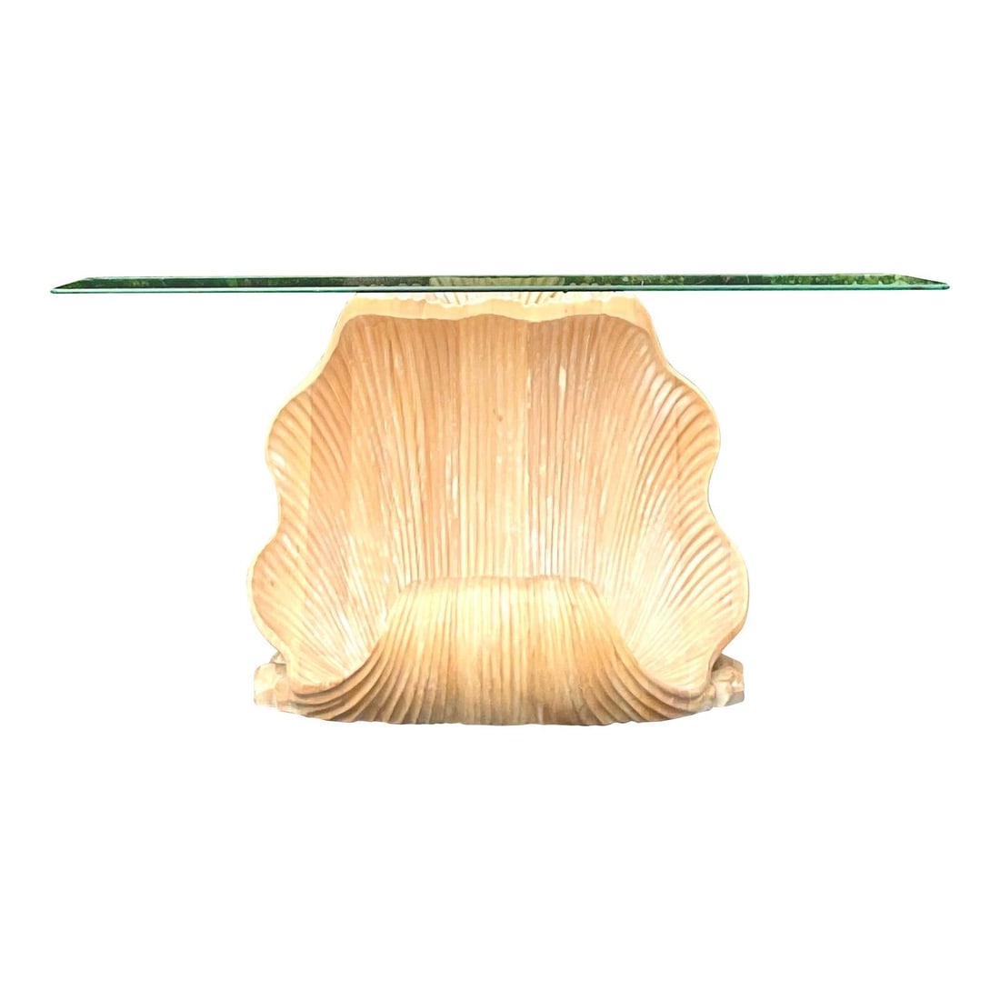 Vintage Boho Carved Clamshell Console Table Wood Almond Finish: Vintage Boho Carved Clamshell Console Table Wood Almond Finish Enhance your home with this Vintage Boho Carved Clamshell Console Table, featuring an intricately carved clamshell design that adds a whi