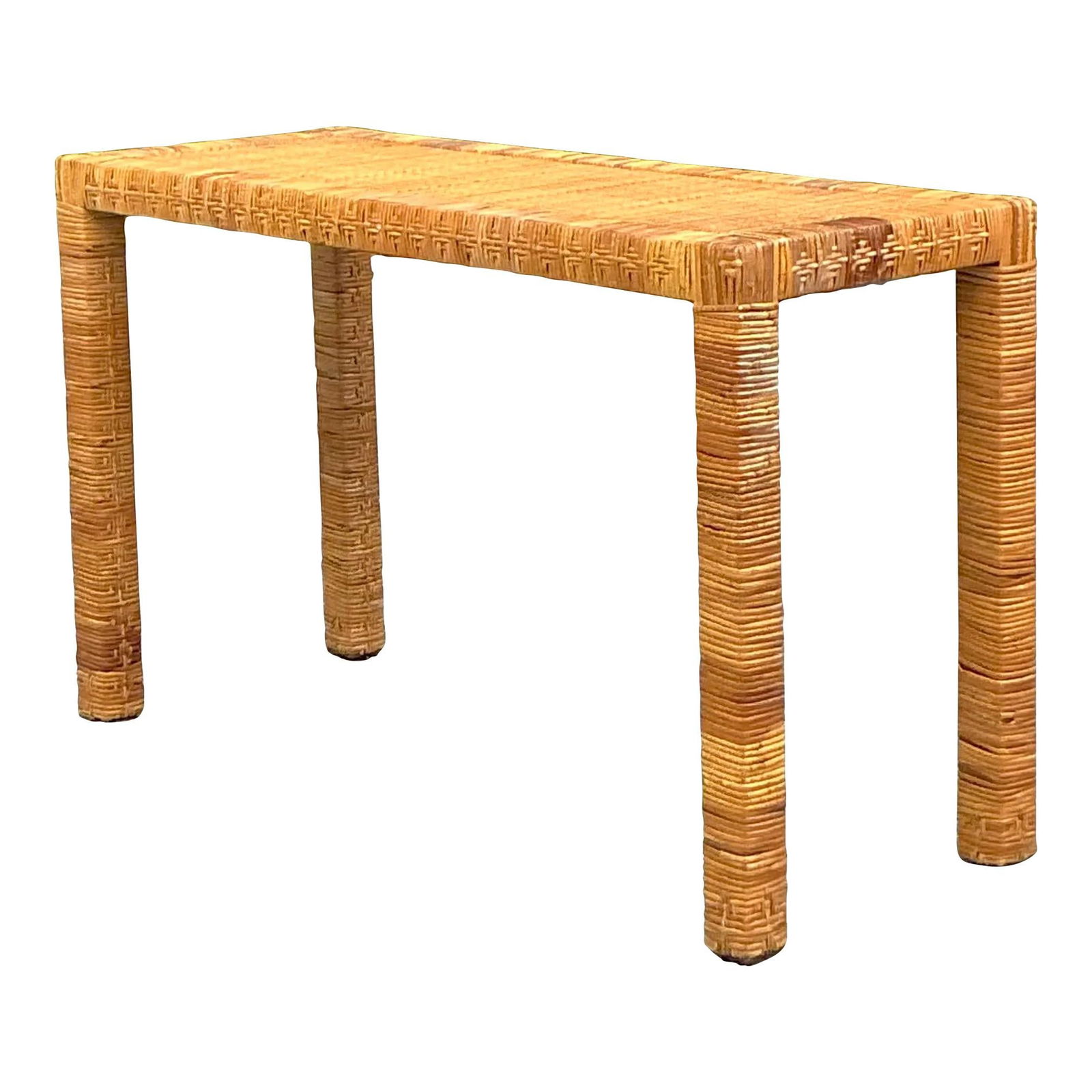 Vintage Coastal Rattan Console Table by Bielecky Brothers 48" Chocolate: Vintage Coastal Rattan Console Table by Bielecky Brothers 48" Chocolate Enhance your living space with this Vintage Coastal Wrapped Rattan Console Table, inspired by the Bielecky Brothers. This elegan